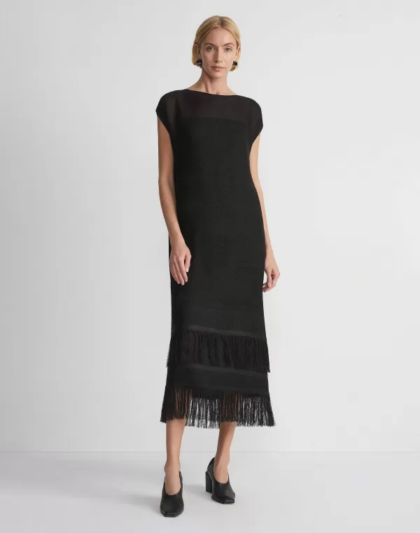 Women Lafayette 148 New York Burlap Jacquard Linen Viscose-Silk Fringed Dress