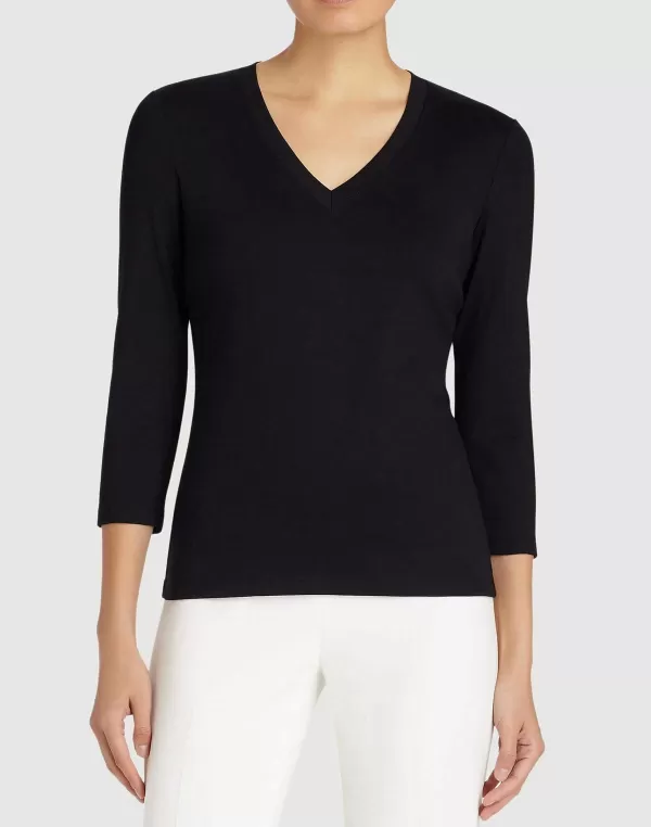 Women Lafayette 148 New York Cotton Rib V-Neck T-Shirt