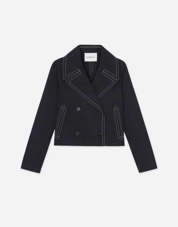 Women Lafayette 148 New York Cotton Twill Double Breasted Contrast Stitched Jacket