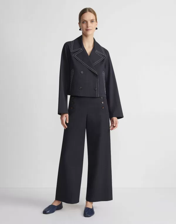 Women Lafayette 148 New York Cotton Twill Double Breasted Contrast Stitched Jacket