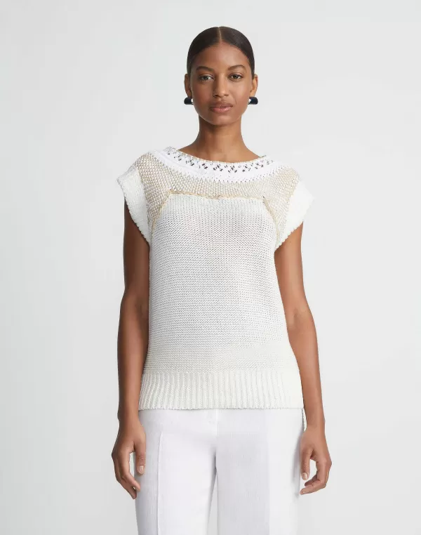 Women Lafayette 148 New York Cotton-Silk Hand Macram Trim Sweater