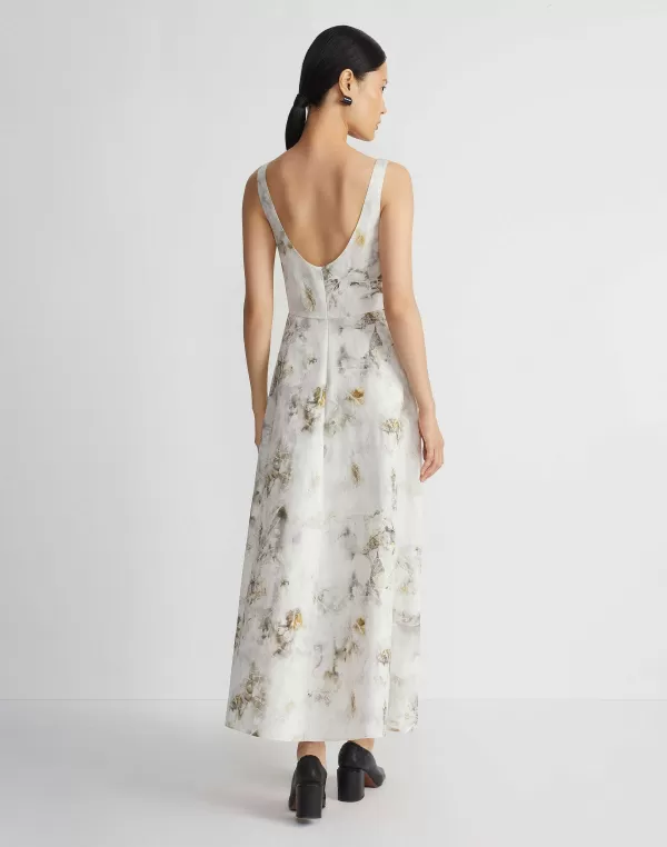 Women Lafayette 148 New York Eco Leaves Print Silk-Linen Bateau Gown