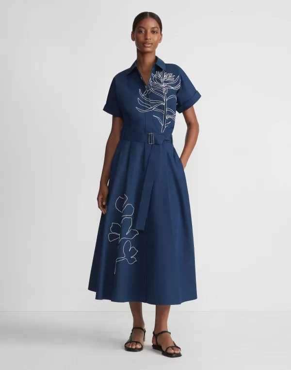 Women Lafayette 148 New York Embroidered Rose Organic Cotton Poplin Shirtdress