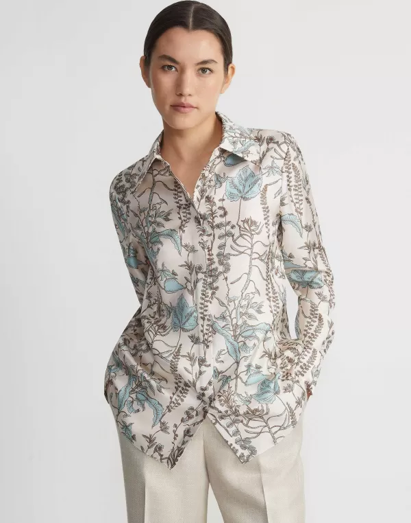 Women Lafayette 148 New York Flora Trail Print Silk Twill Collared Blouse