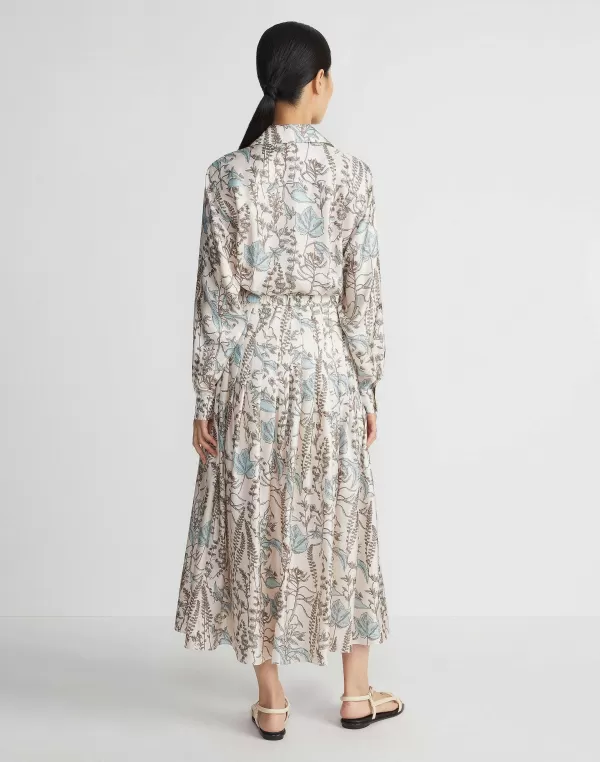 Women Lafayette 148 New York Flora Trail Print Silk Twill Pleated Shirtdress