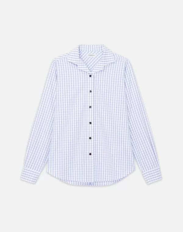 Women Lafayette 148 New York Gingham Cotton Poplin Notched Shawl Collar Shirt