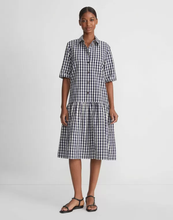 Women Lafayette 148 New York Gingham Crinkle Cotton-Linen Drop Waist Shirtdress