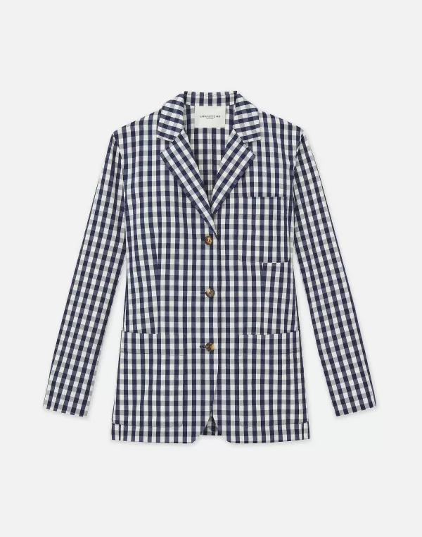 Women Lafayette 148 New York Gingham Crinkle Cotton-Linen Three Button Blazer