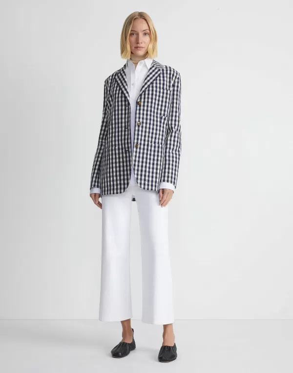 Women Lafayette 148 New York Gingham Crinkle Cotton-Linen Three Button Blazer