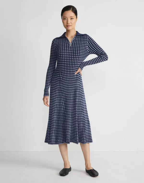 Women Lafayette 148 New York Gingham Responsible Matte Crepe Collared Half-Zip Dress