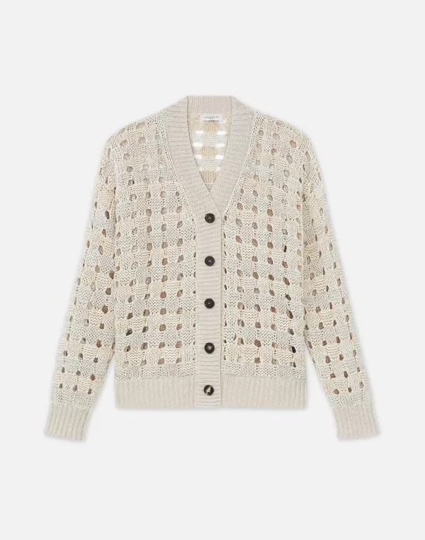 Women Lafayette 148 New York Gingham Sustainable Linen-Silk Chainette Open Stitch Cardigan