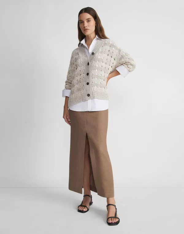 Women Lafayette 148 New York Gingham Sustainable Linen-Silk Chainette Open Stitch Cardigan