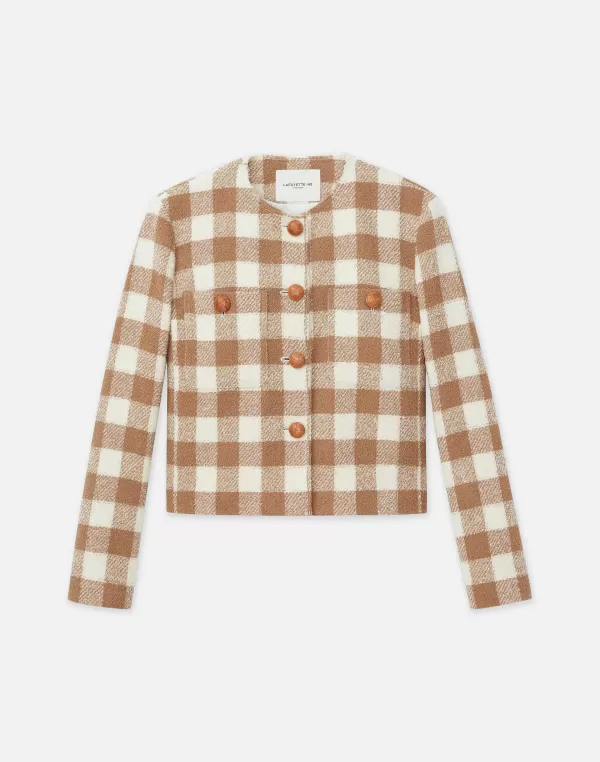 Women Lafayette 148 New York Gingham Wool Collarless Buttoned Jacket