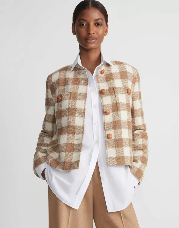 Women Lafayette 148 New York Gingham Wool Collarless Buttoned Jacket