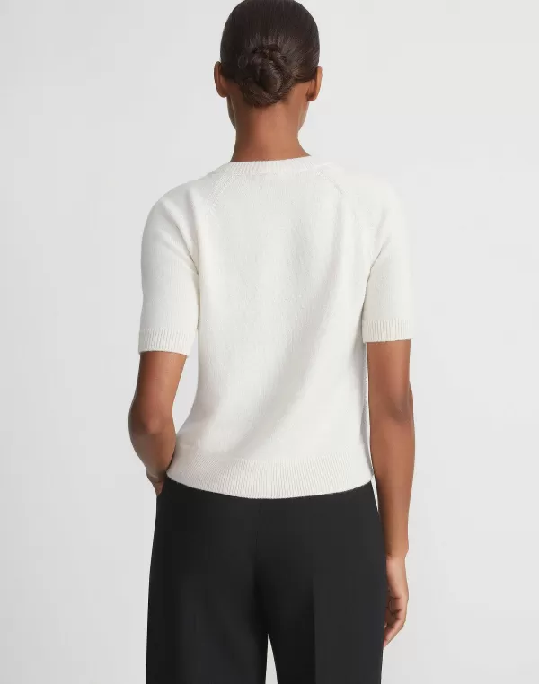 Women Lafayette 148 New York Hand-Embellished Cashmere Lace Stitch Short Sleeve Sweater