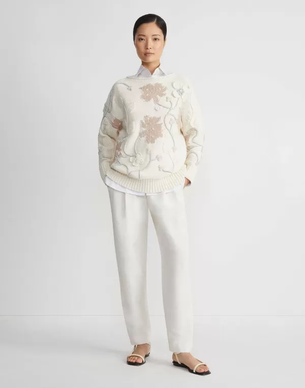 Women Lafayette 148 New York Hand-Embroidered Flora Bloom Cotton-Wool Chainette Sweater