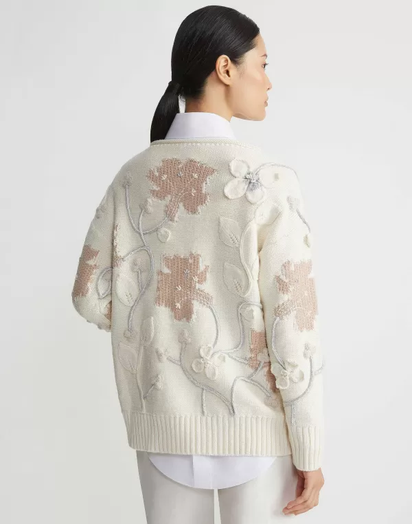 Women Lafayette 148 New York Hand-Embroidered Flora Bloom Cotton-Wool Chainette Sweater