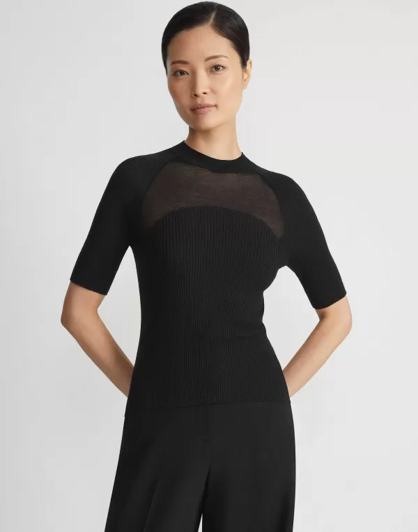 Women Lafayette 148 New York Merino-Silk Ribbed Sheer Yoke Sweater