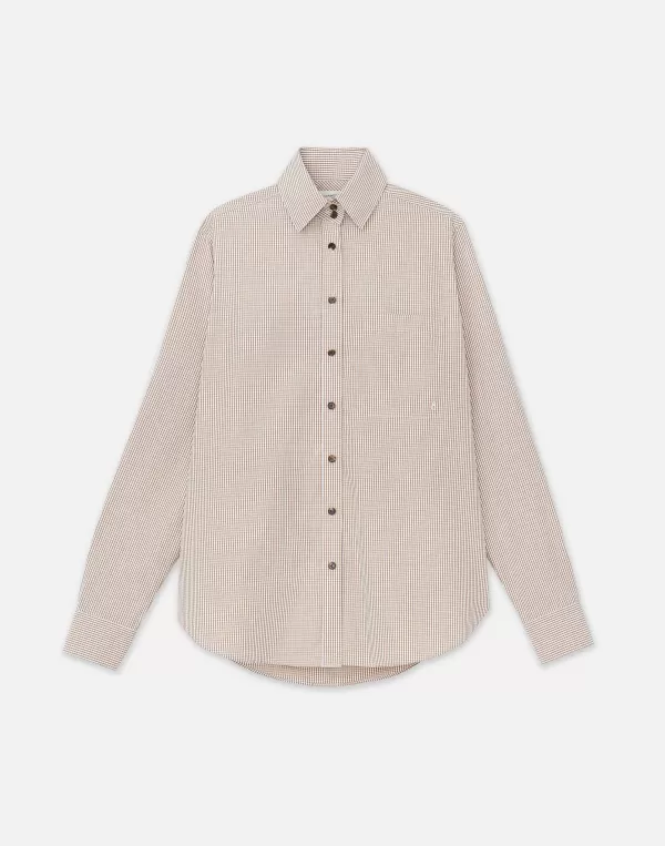 Women Lafayette 148 New York Micro Gingham Cotton Poplin High Collar Shirt