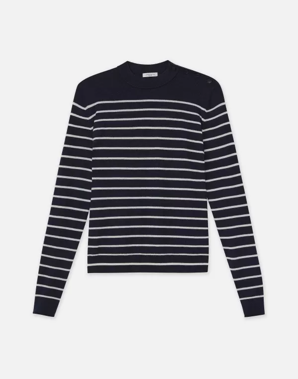 Women Lafayette 148 New York Naval Stripe Cashmere Button Shoulder Sweater