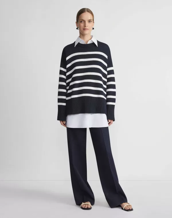 Women Lafayette 148 New York Naval Stripe Cotton-Silk Button Side Sweater