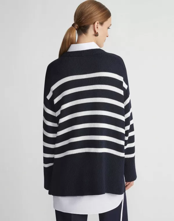 Women Lafayette 148 New York Naval Stripe Cotton-Silk Button Side Sweater