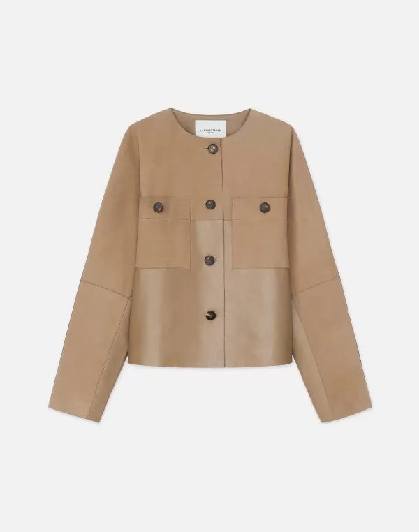 Women Lafayette 148 New York Nubuck Suede & Leather Collarless Jacket