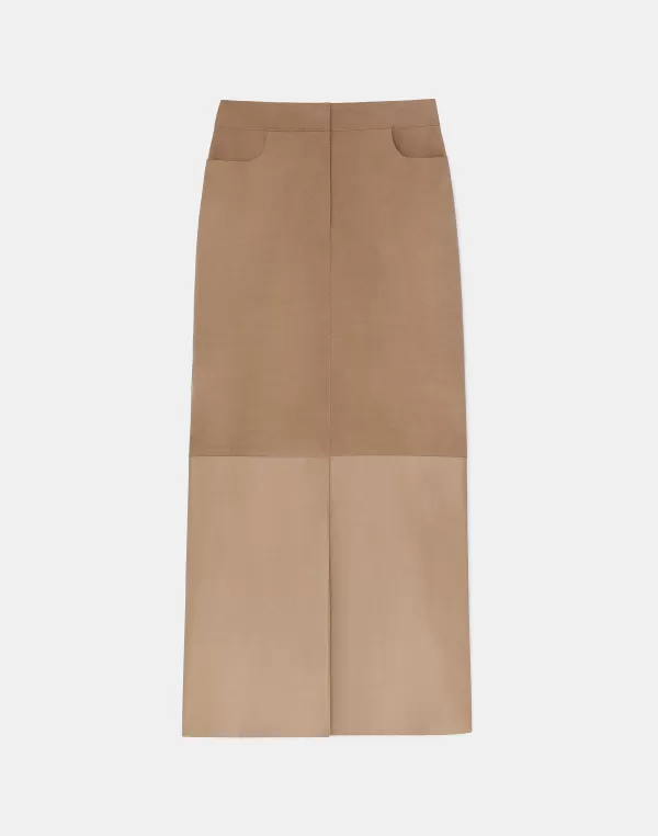 Women Lafayette 148 New York Nubuck Suede & Nappa Leather Two-Tone Midi Skirt