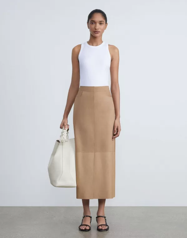 Women Lafayette 148 New York Nubuck Suede & Nappa Leather Two-Tone Midi Skirt