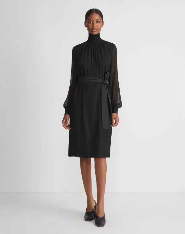 Women Lafayette 148 New York Opaque & Sheer Silk Turtleneck Dress