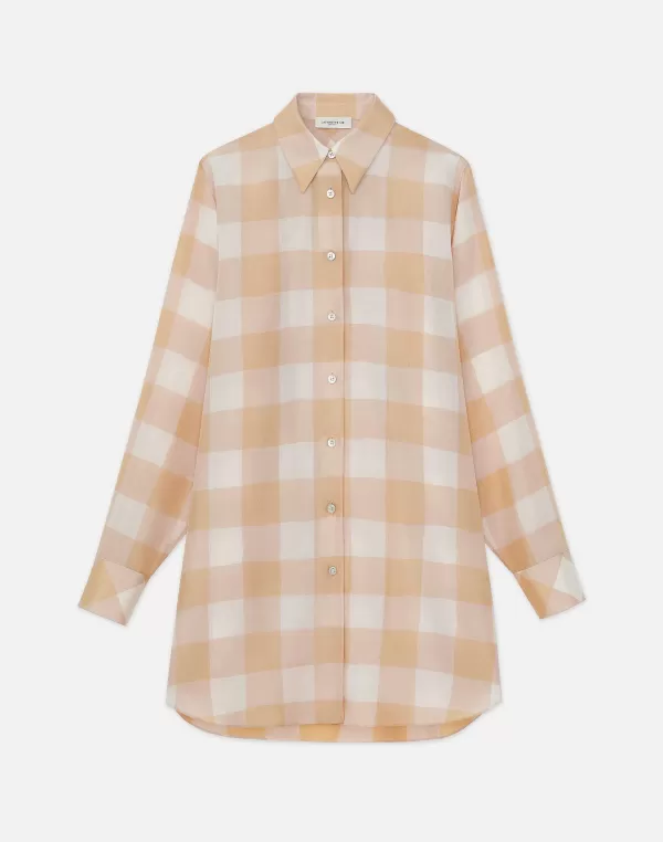 Women Lafayette 148 New York Painted Gingham Print Silk Habutai Oversized Blouse