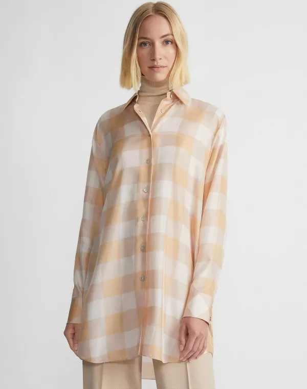 Women Lafayette 148 New York Painted Gingham Print Silk Habutai Oversized Blouse