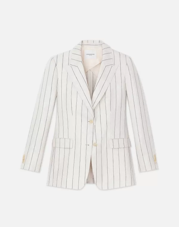 Women Lafayette 148 New York Pinstripe Linen Peak Lapel Blazer