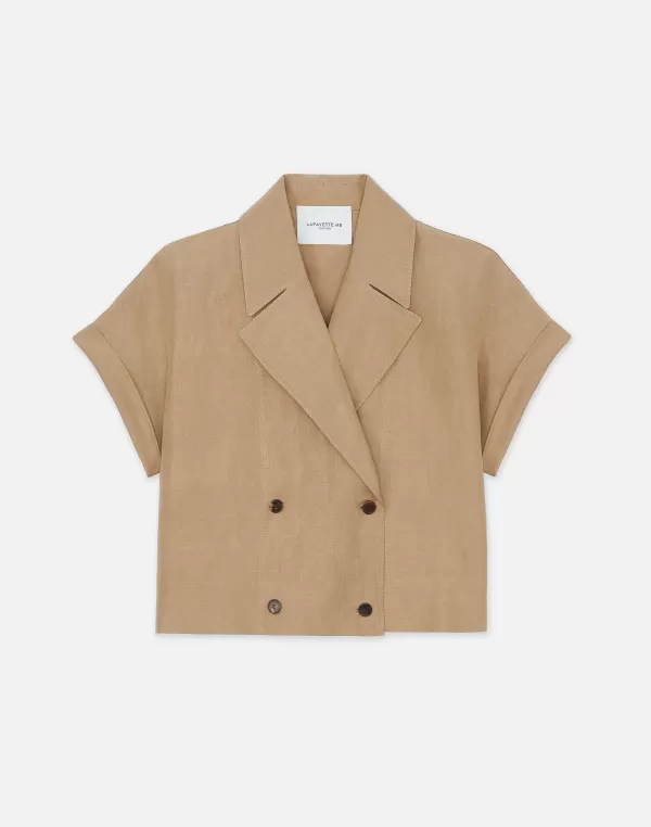 Women Lafayette 148 New York Silk-Linen Double Breasted Cropped Shirt Jacket