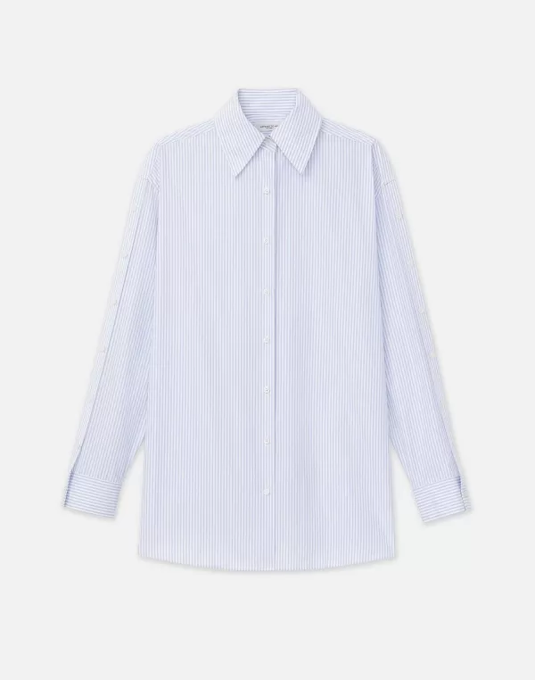 Women Lafayette 148 New York Stripe Cotton Poplin Button Sleeve Oversized Shirt