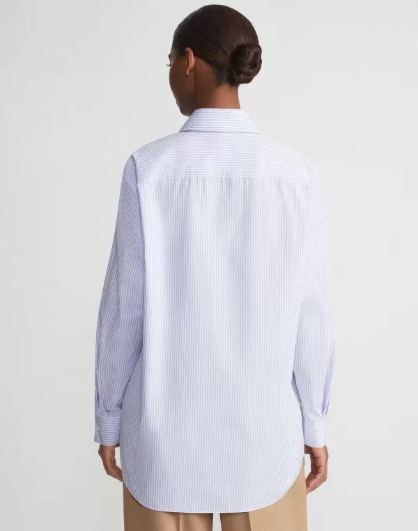 Women Lafayette 148 New York Stripe Cotton Poplin Button Sleeve Oversized Shirt