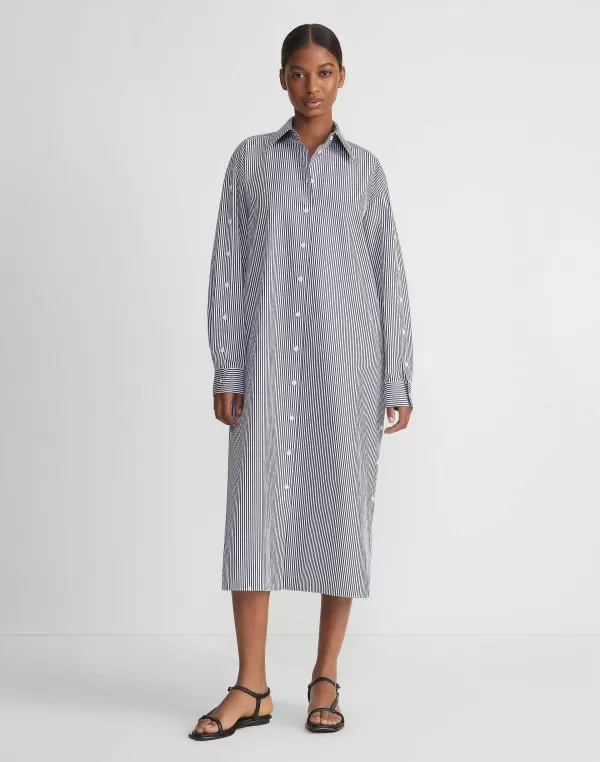 Women Lafayette 148 New York Stripe Cotton Poplin Button Sleeve Oversized Shirtdress