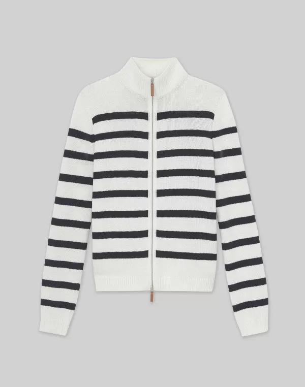 Women Lafayette 148 New York Stripe Cotton-Silk Zip Cardigan