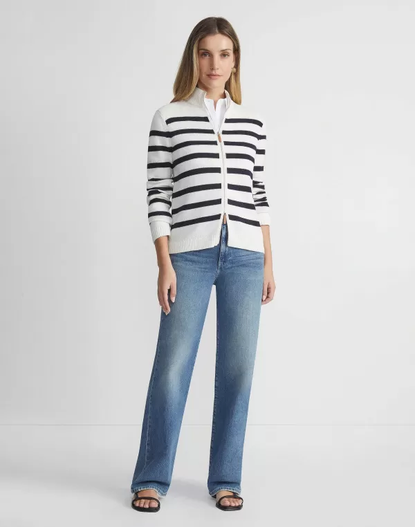 Women Lafayette 148 New York Stripe Cotton-Silk Zip Cardigan