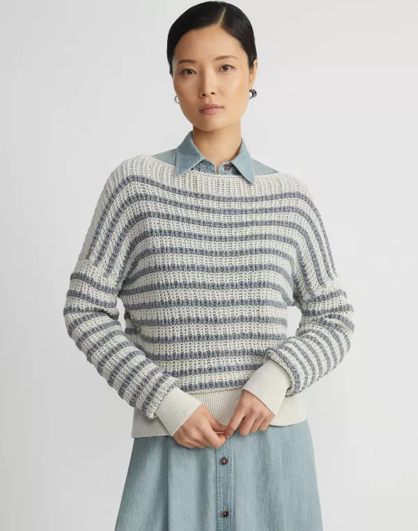 Women Lafayette 148 New York Stripe Organic Cotton & Denim Yarn Bateau Sweater