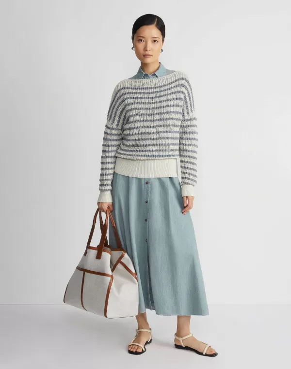 Women Lafayette 148 New York Stripe Organic Cotton & Denim Yarn Bateau Sweater