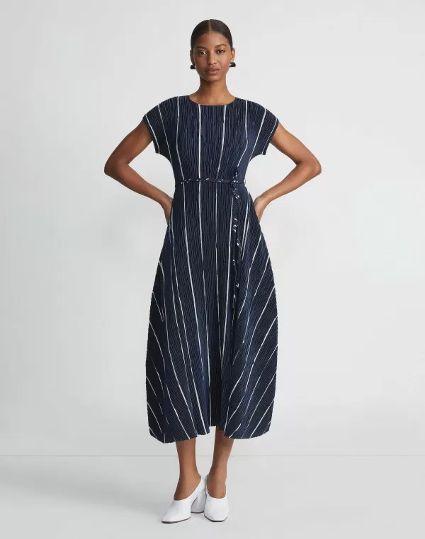 Women Lafayette 148 New York Stripe Print Recycled Poly Satin Pliss Dress