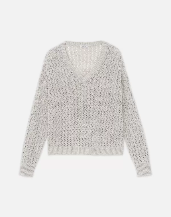 Women Lafayette 148 New York Sustainable Linen-Silk Sequin Cable V-Neck Sweater