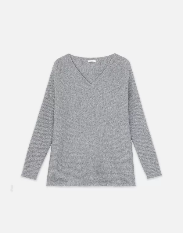 Women Lafayette 148 New York Wool-Cashmere Ribbed V-Neck Sweater